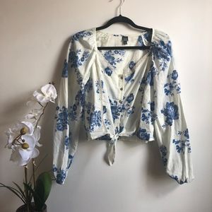 Blue and White Button Down Blouse with Tie Front